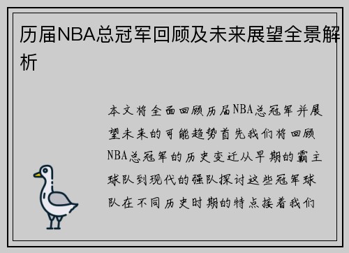 历届NBA总冠军回顾及未来展望全景解析